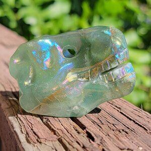 NEW 2.25" x 1.5" AURA COATED GREEN AVENTURINE DINO HEAD